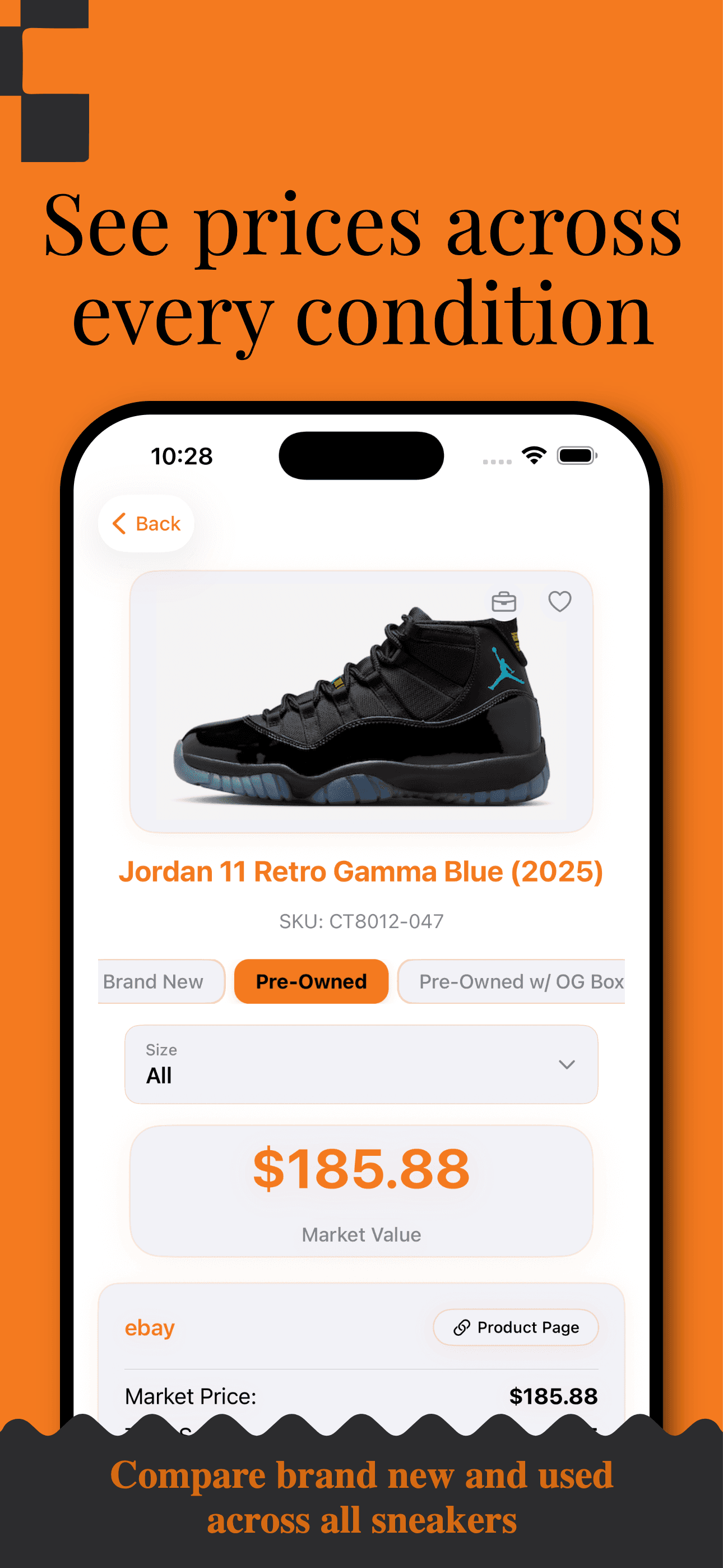 Sneaker condition-based pricing showing new, used, and used with box resale values