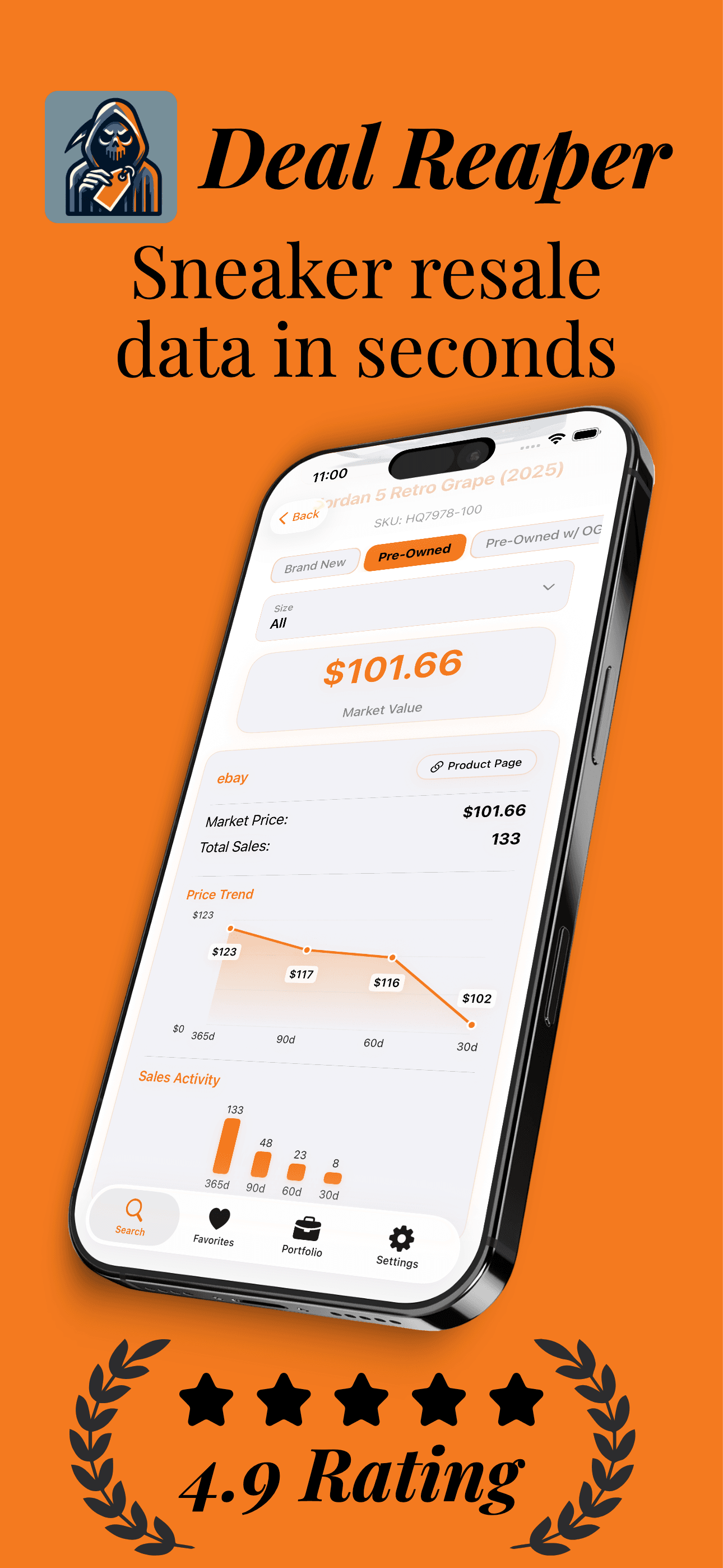 Deal Reaper iOS app showing live sneaker resale prices across StockX, GOAT, and eBay