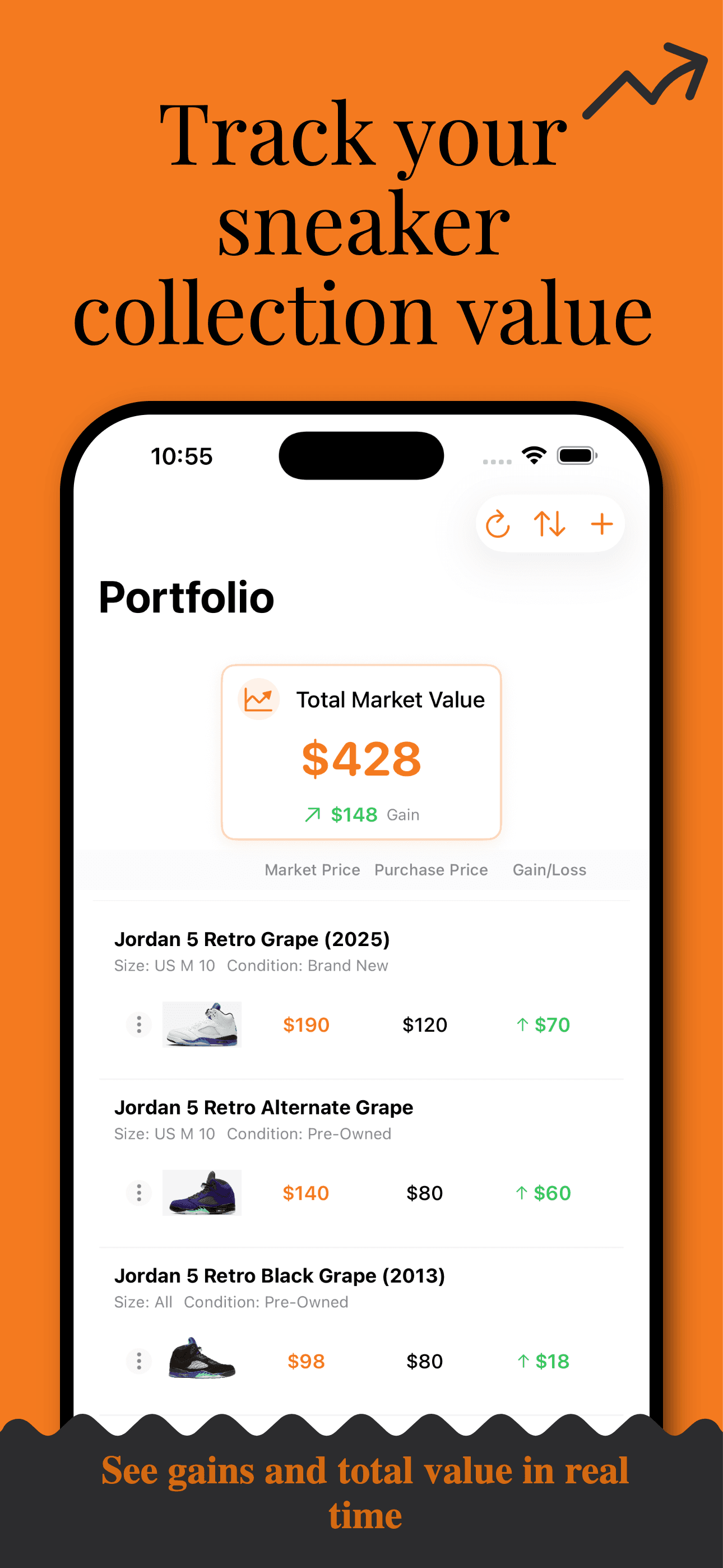Deal Reaper portfolio manager showing sneaker inventory with profit/loss tracking