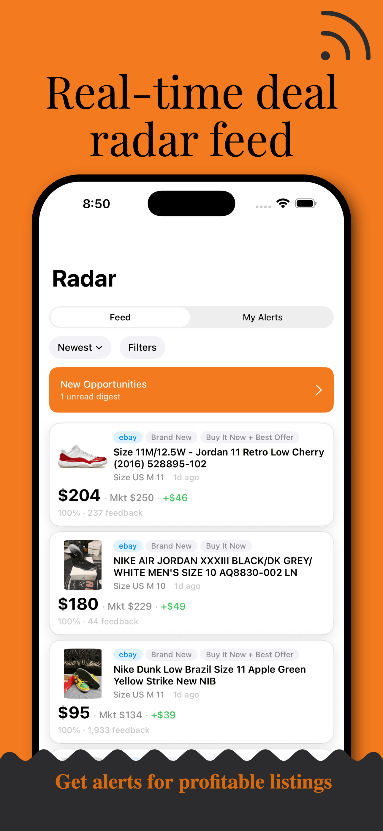 Deal Reaper Radar showing live underpriced sneaker listings with profit estimates